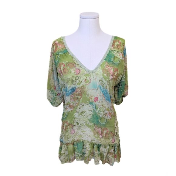 Vintage Y2K Forest Fairy Top Sheer Green Sparkle Paisley Ruffle Mesh Floral XL - Picture 1 of 10